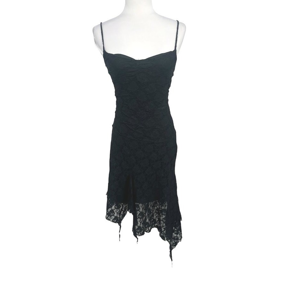 VTG Hot Kiss Lace Dress M Black Y2K Asymmetrical Hem Gothic Fairy Grunge Witchy